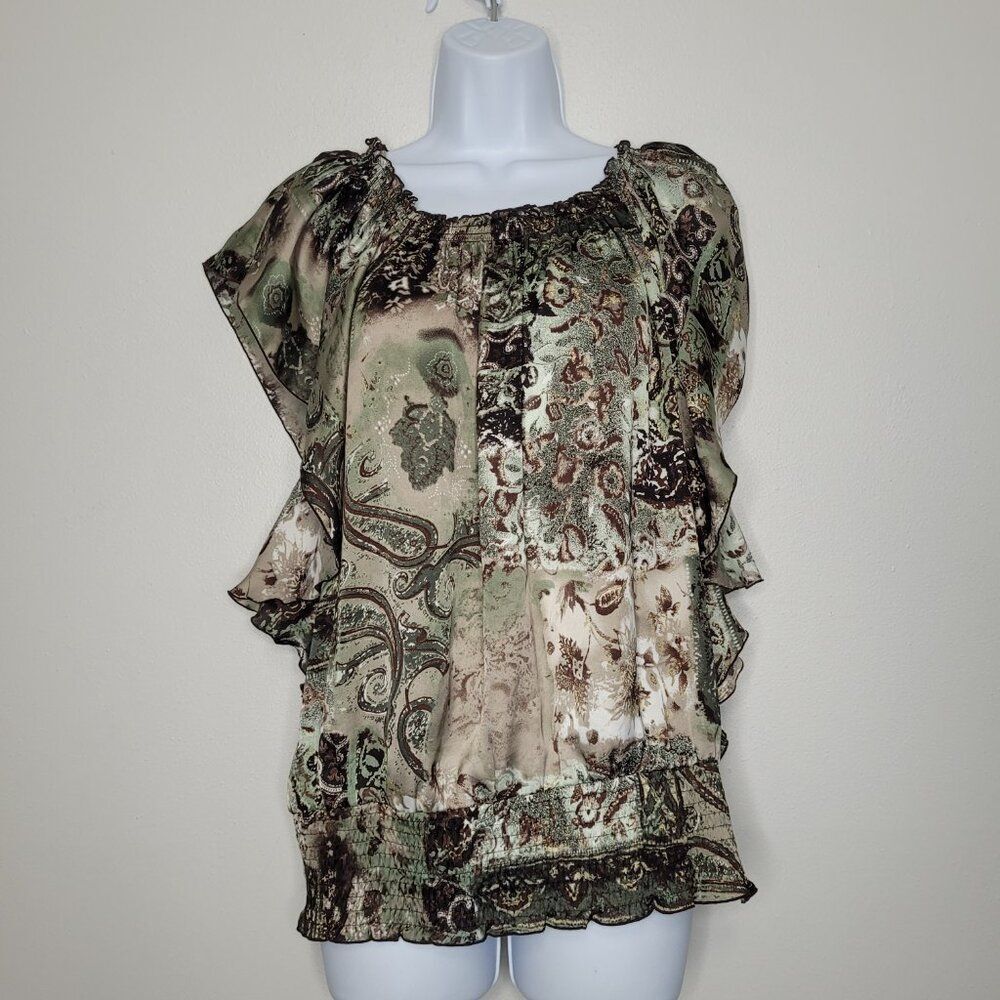 y2k Dressbarn green brown grunge fairy flutter sleeve paisley print top size L